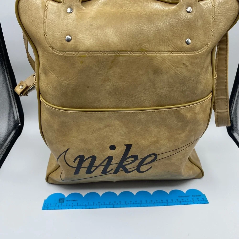 Vintage Nike Large Duffel Bag Tan Faux Leather Retro Sport Travel PDX Collect Y2